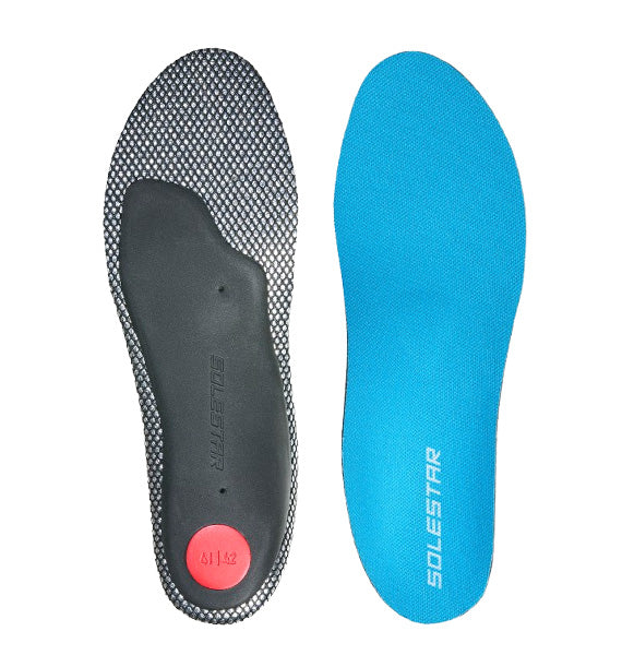 A pair of insoles designed for Nordic skiing, with the top insole showing a black and white dotted pattern and the bottom insole in solid blue with the brand name 'SOLESTAR' written on it.
