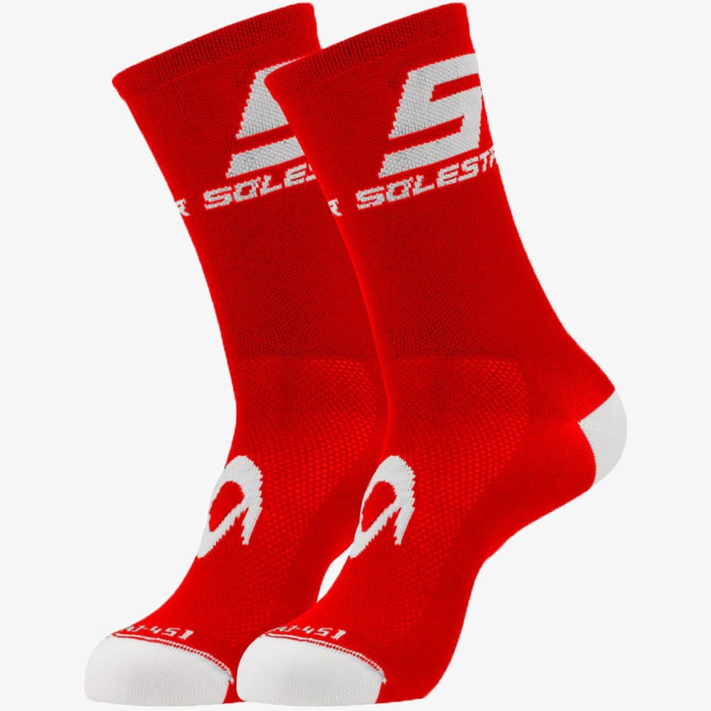 red sport socks for cyclling and other sports. the socks are in a white background.