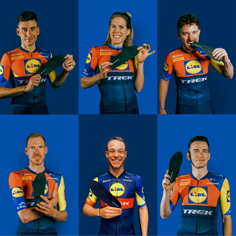 Six individuals wearing colorful cycling jerseys with Lidl and Trek logos against a blue background.