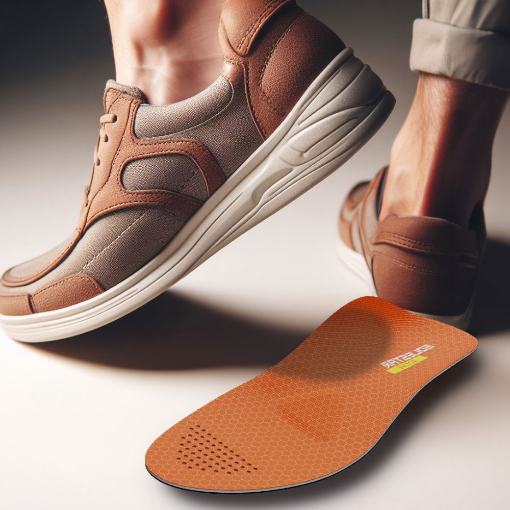 Brown insole with shoes on a neutral background