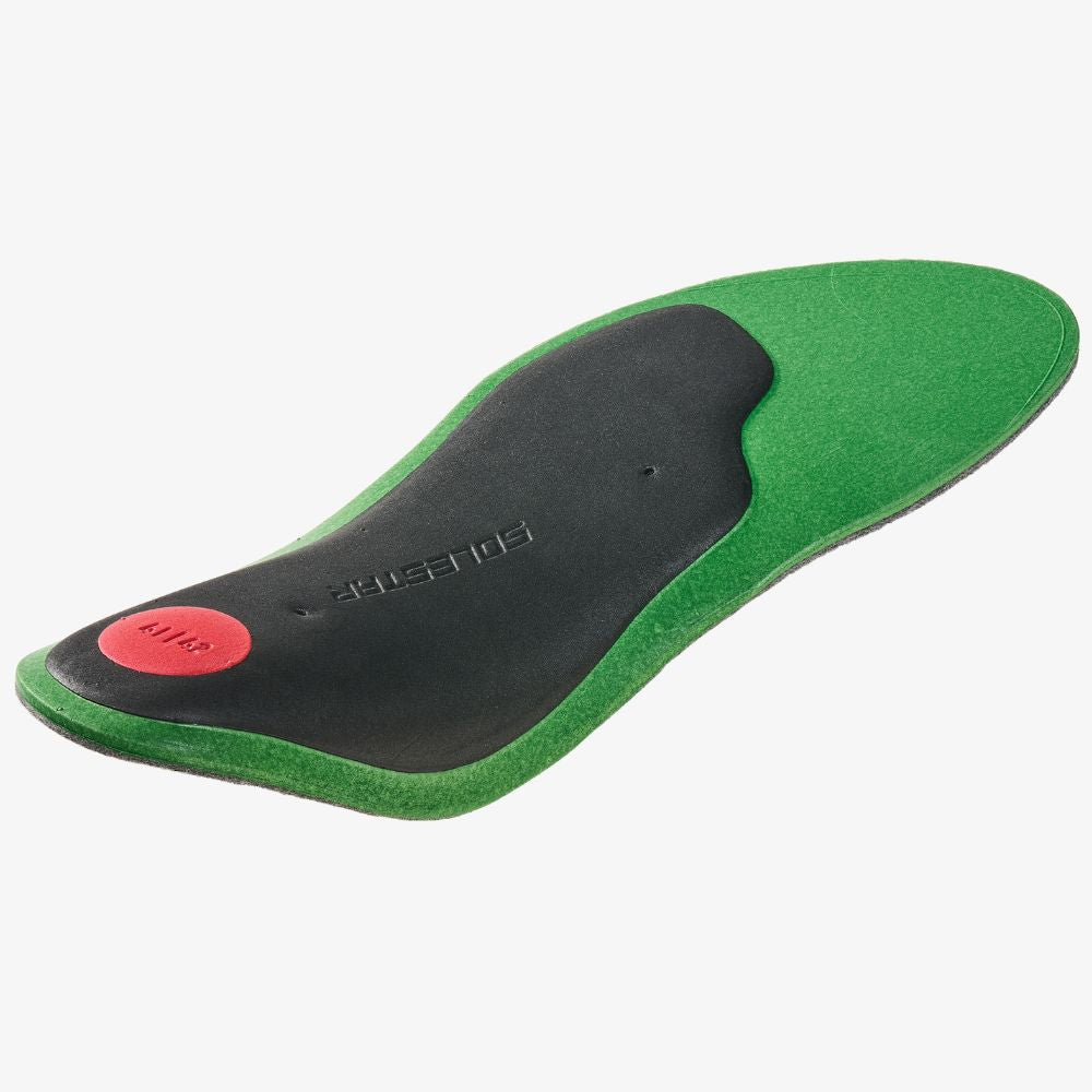 Green and black shoe insole with a red circular label on a white background