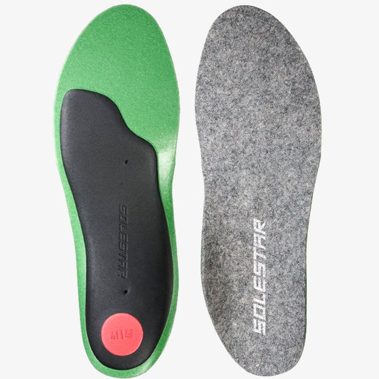 Green and black shoe insole on the left and gray shoe insole on the right, with 'Solestar' branding.
