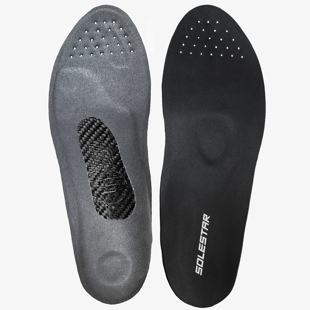 A pair of black and gray SOLESTAR insoles designed for wide cycling shoes, featuring a carbon core and antibacterial EVA layer.