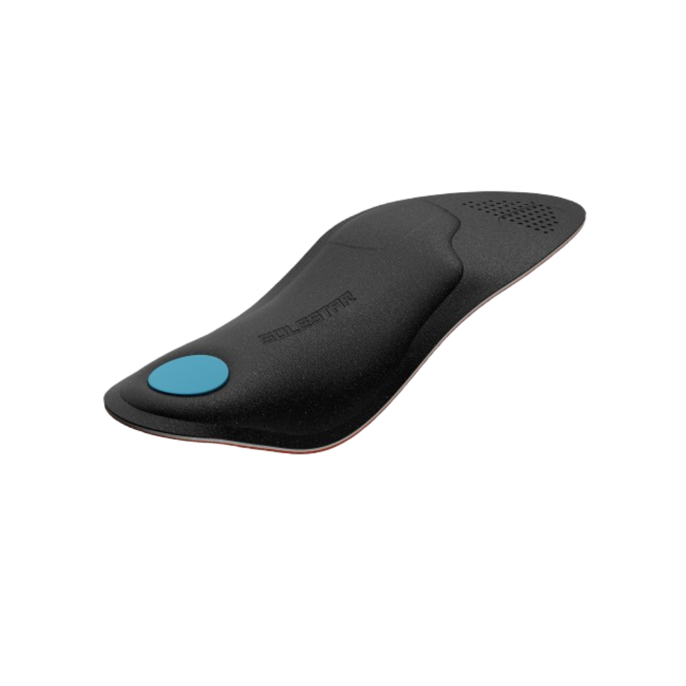 Black shoe insole with blue area on a white background