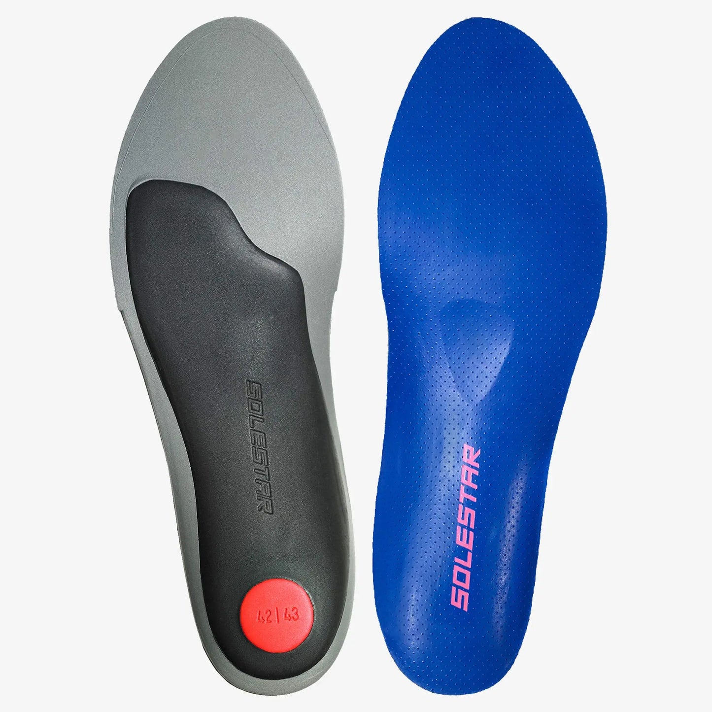A pair of SOLESTAR KICK insoles, one with the top surface facing up and the other with the bottom surface facing up, showing the gray top with a red logo and the blue bottom with the brand name.