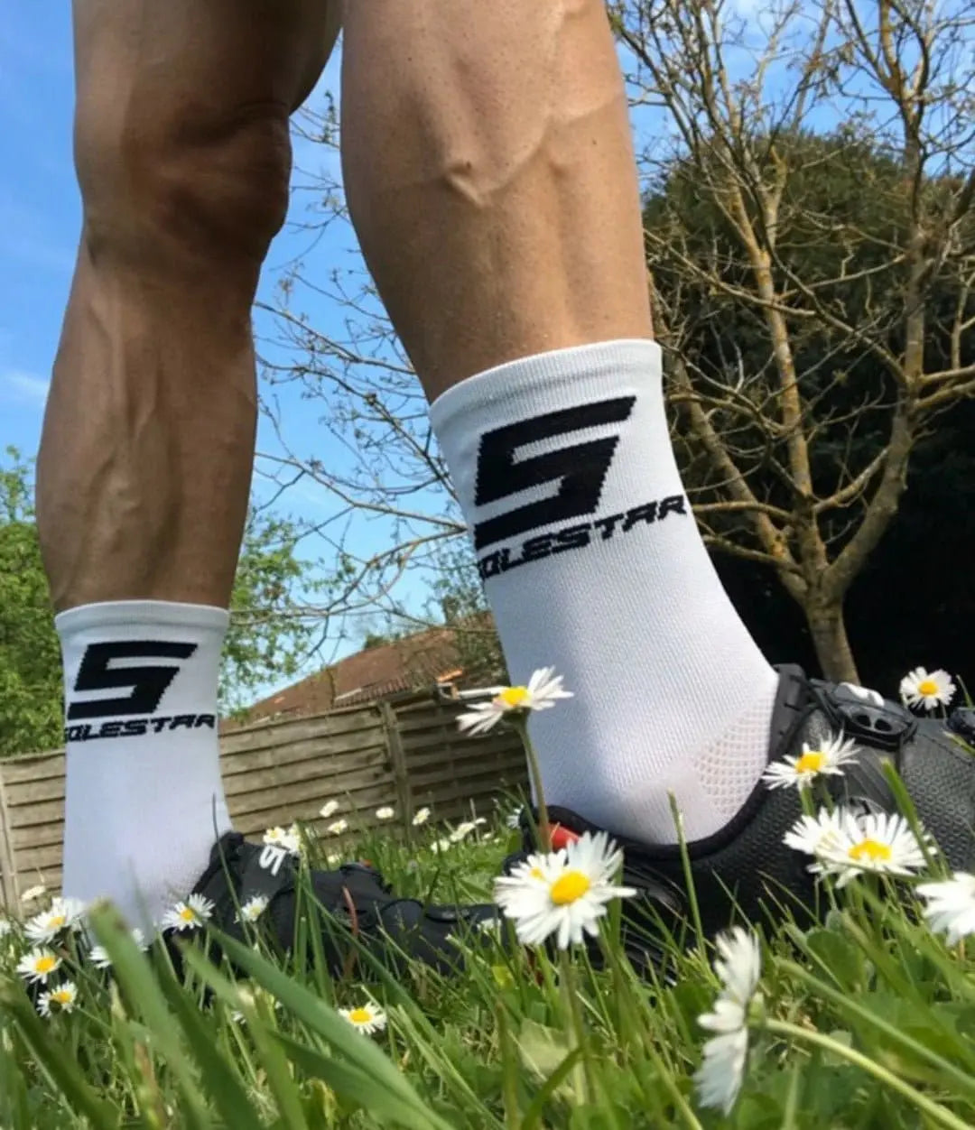 Solestar white socks with cycling shoes.