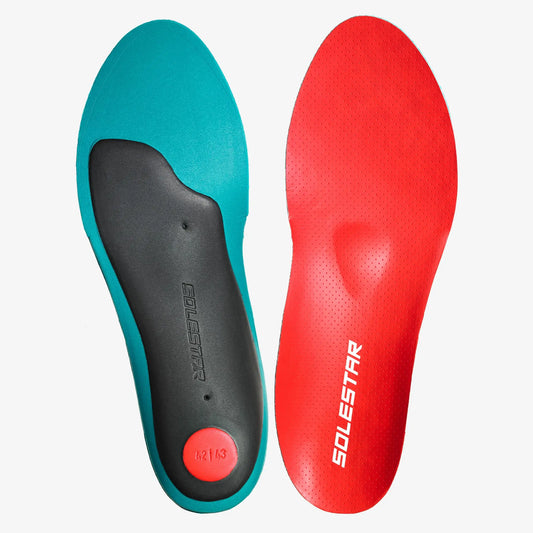 A pair of SOLESTAR insoles, one with a blue upper and black midsole, and the other with a red upper and black midsole, both with visible branding.